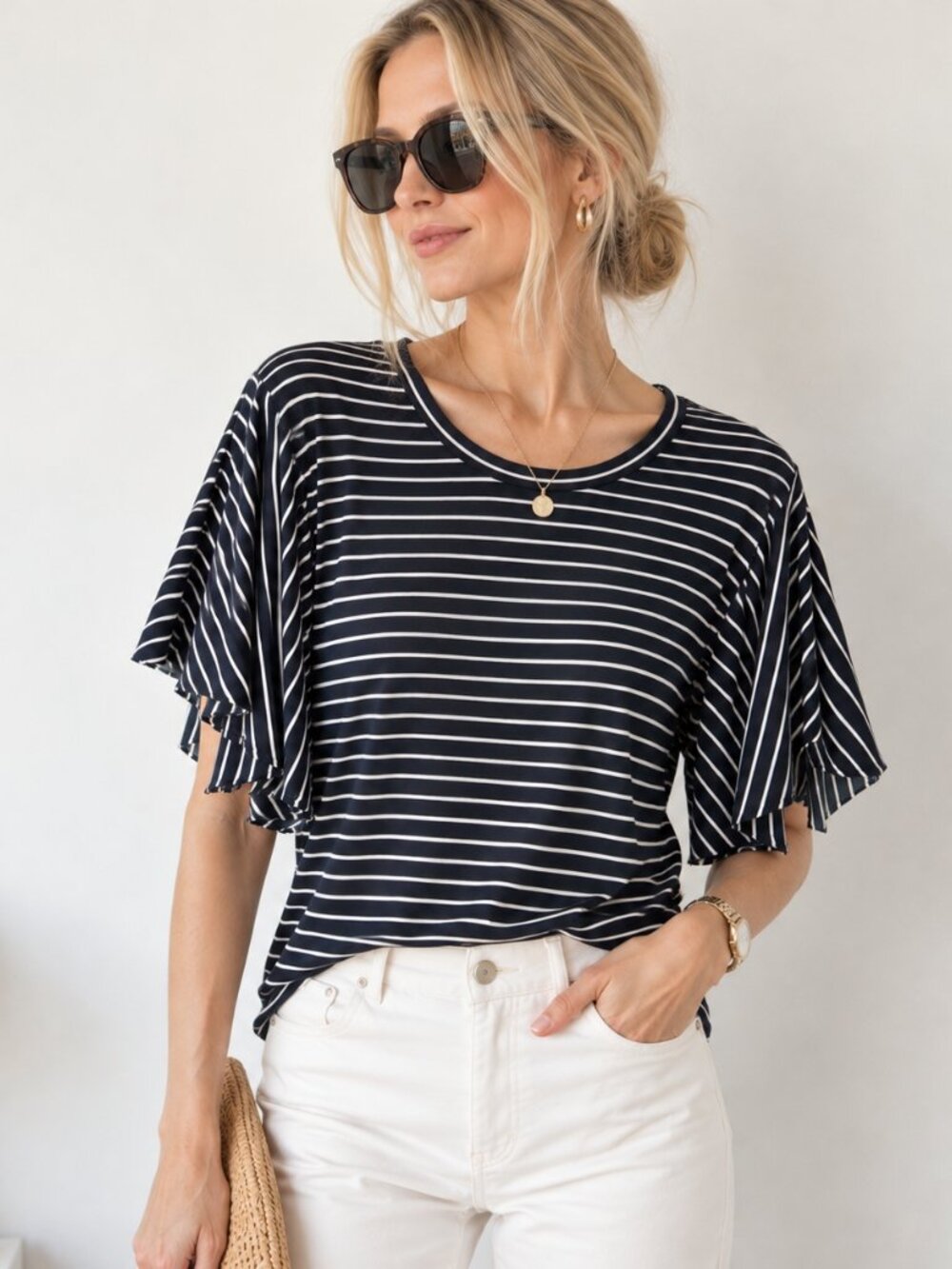 Club Monaco Navy White Striped Flutter Sleeve Top Stretch Knit Nautical M